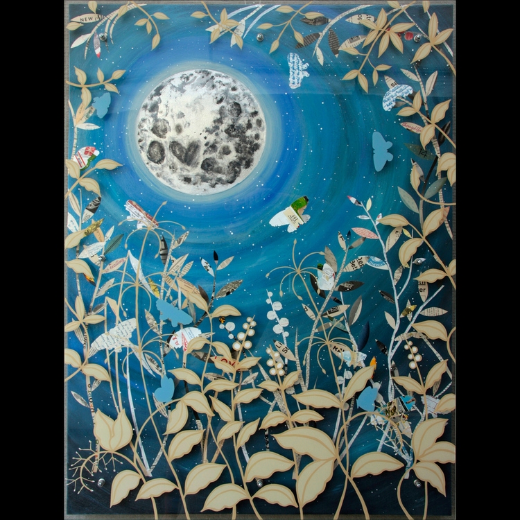 Moon Garden Acrylic painted on reverse side of plexi glass with spacers floating above a collaged painted metallic leafed background.