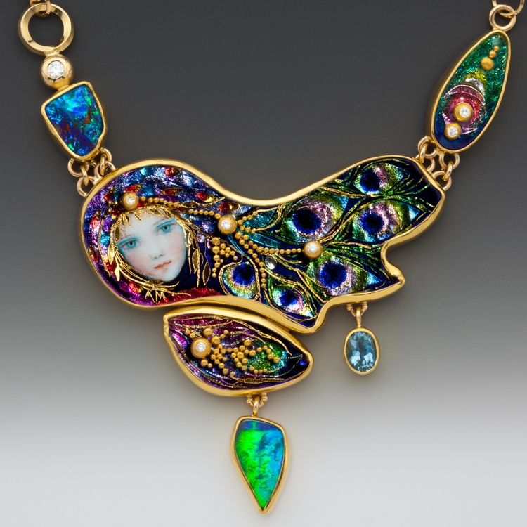 Peacock Necklace Enamels with 24k gold foil and granules. Silver and palladium foils. Approx 40 layers and firings. Hand fabricated 18&amp;amp;22k gold. Aquamarine. Diamonds. Opals