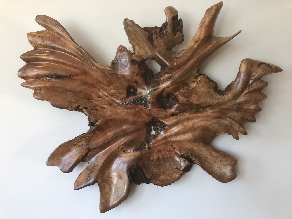 Phoenix Exquisite wall hanging, maple root burl sculpture, carved by hand, with inlay of lapis and bronze.