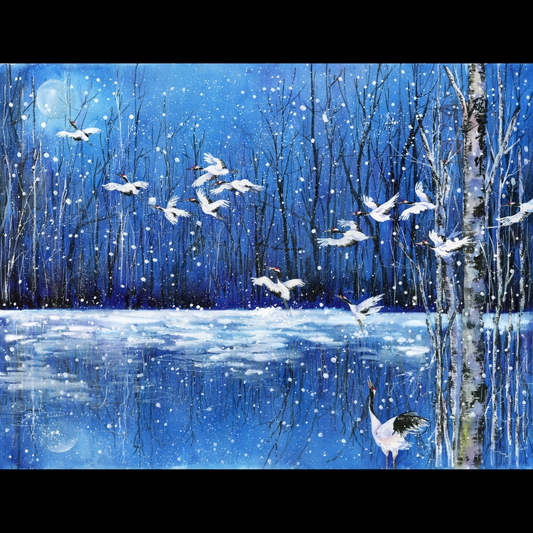Winter Cranes Watercolor