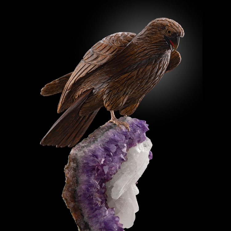 Red-Shouldered Hawk Tiger eye, agate, carnelian, and obsidian, on amethyst with calcite geode base