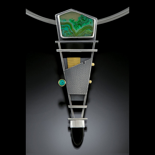 Pendant
Sterling silver, 18k gold, chrysocolla, topaz, and onyx
1.25&amp;quot; x 3.25&amp;quot; x .25&amp;quot;
2018