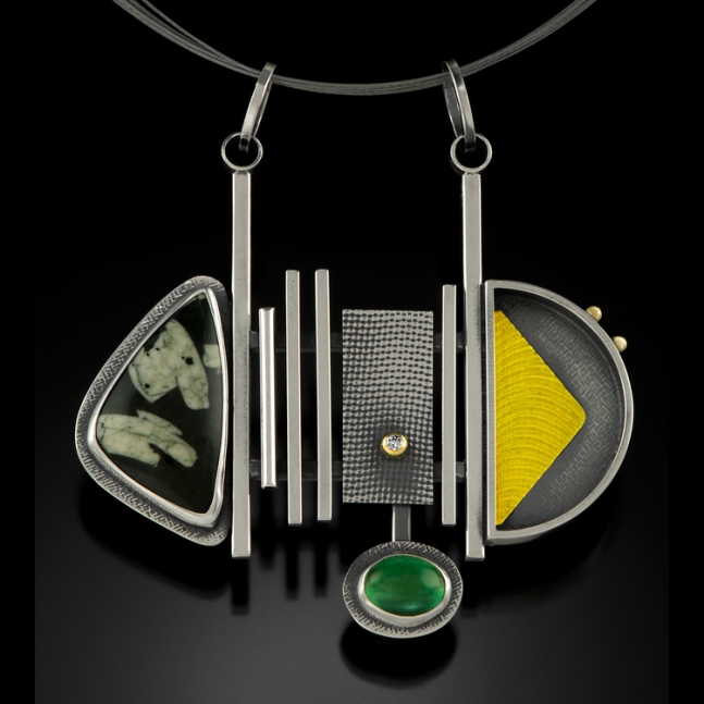 Horizontal Pendant
Sterling silver, 18k gold, Chinese writing agate, diamond, and chrysoprase
2.5&amp;quot; x 2.25&amp;quot; x .25&amp;quot;
2017
&amp;nbsp;