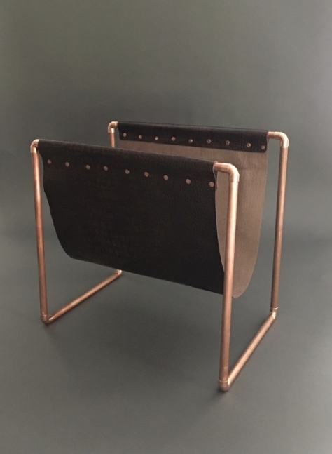 Italian Leather and copper magazine rack