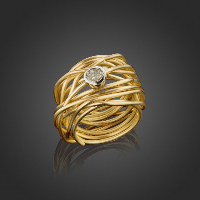 Scribble Twist Ring
18K yellow gold and raw diamond
1&amp;quot; x 1.5&amp;quot; x 1.25&amp;quot;
