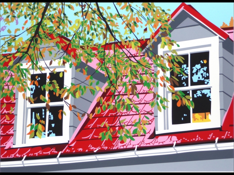 serigraph of red roof house by Joseph Craig English